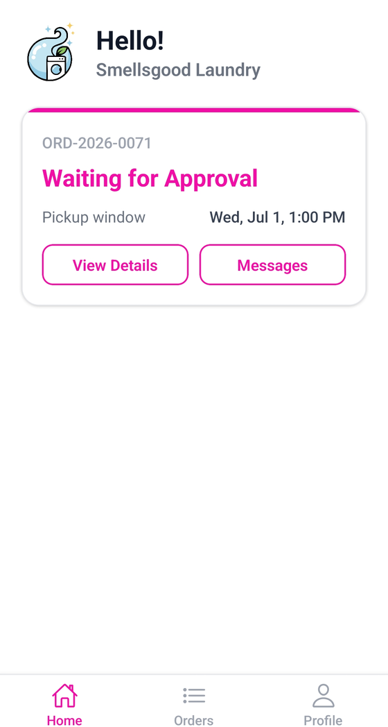 Customer app — order placed and tracked from home