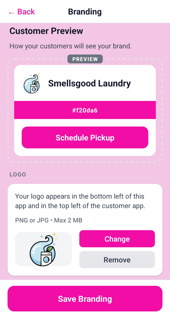 Branding setup — your logo and brand color in the operator app