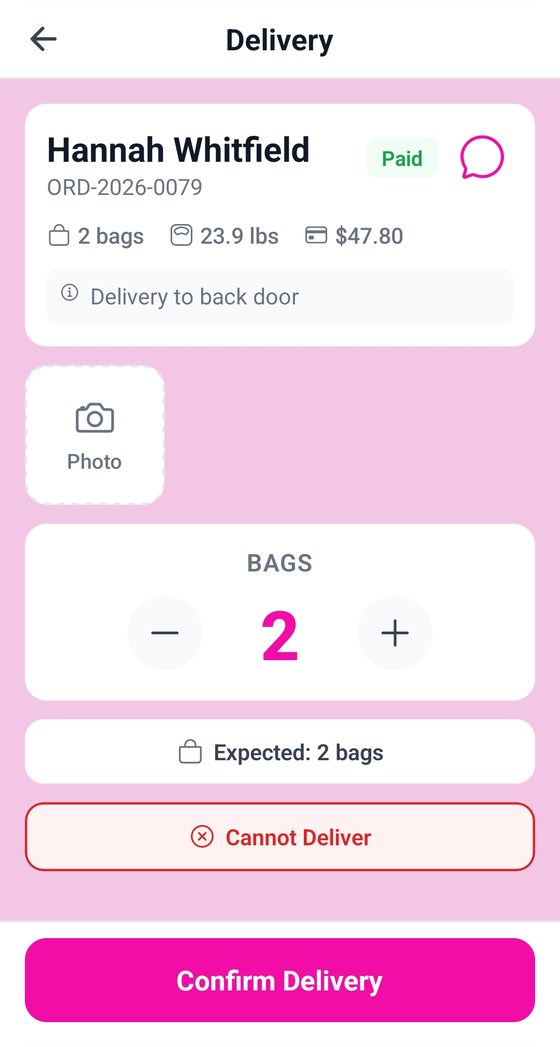 Delivery screen — photo proof and bag check before you confirm