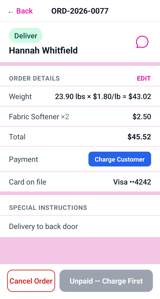 Charge the card on file and email an invoice