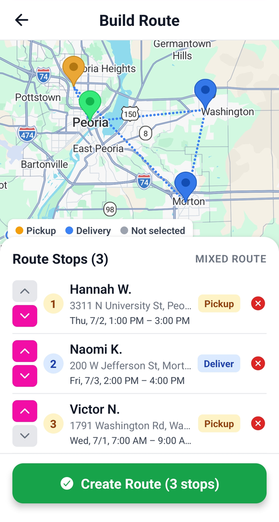 Route builder with map and ordered stops