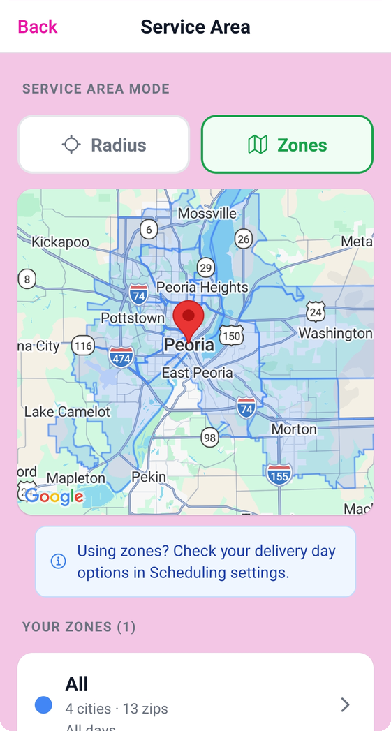 Service area setup — the zones you deliver to, on a map