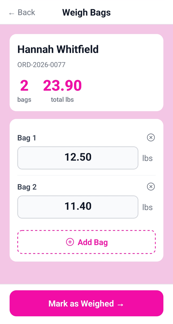 Weigh the bags in the operator app